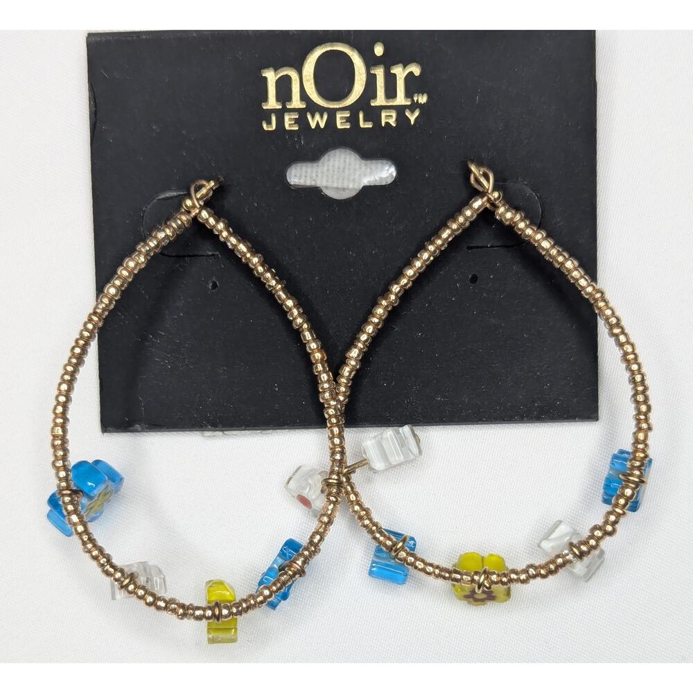 nOir Gold Bead and Flower Petal Hoop Earrings